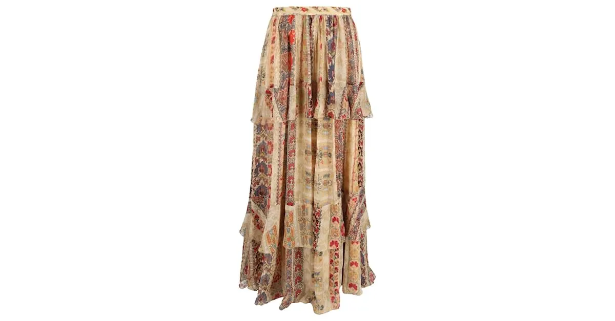 Falda maxi de capas con estampado floral en seda crepé de chine multicolor Etro 