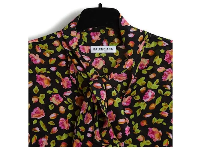 Pre Fall 2019 Balenciaga Top Blouse FR38 Negro Floral Seda Crepé US8 