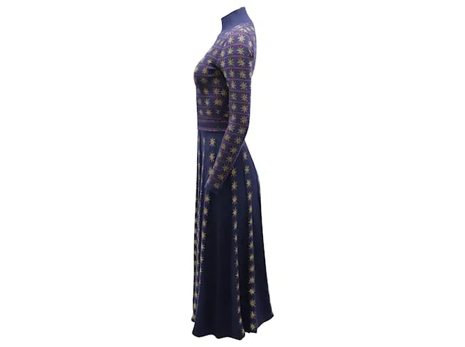 Vestido a media pierna en intarsia metalizada con aberturas Night de Temperley London en lana azul marino 